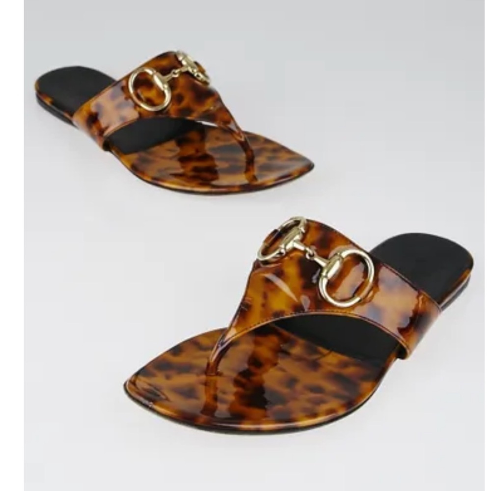 Gucci Tortoise Shell Patent Leather Horsebit Thong Sandals, Size 9
